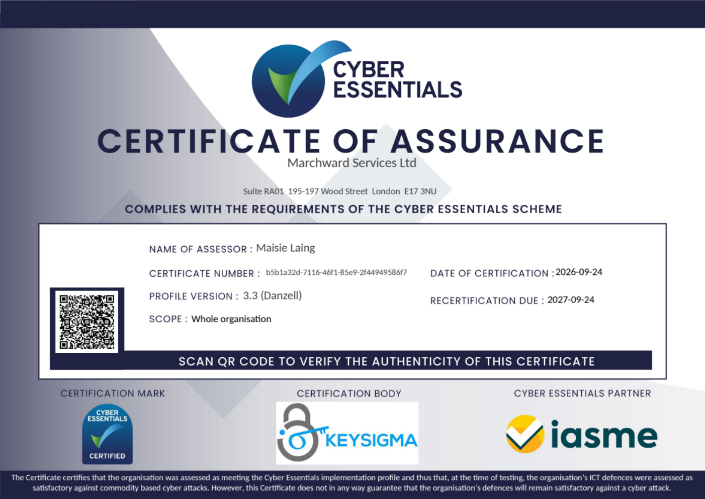 Cyber Essentials Certificate of Assurance for Marchward Services Ltd, certified 24 September 2026, Profile Version 3.3, whole organisation scope